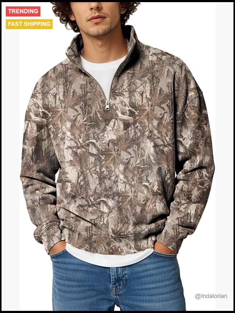 Oversized Camo Quarter Zip Pullover Fleece Sweatshirt Long Sleeve Hunting Top